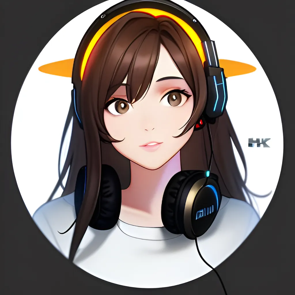 egirl with brown hair brown eyes headphones and a halo